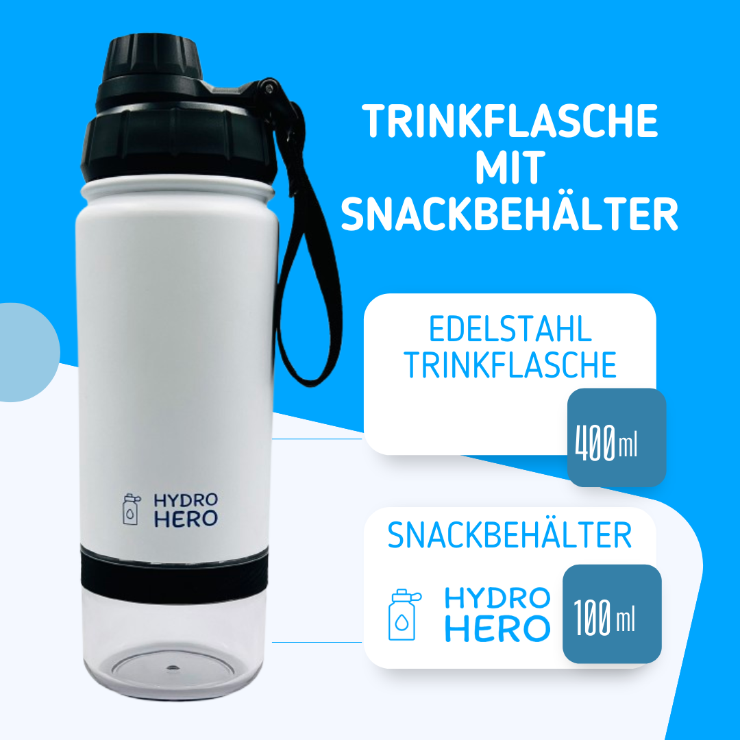 Hydro Hero - Edelstahl Kindertrinkflasche mit Snackbehälter