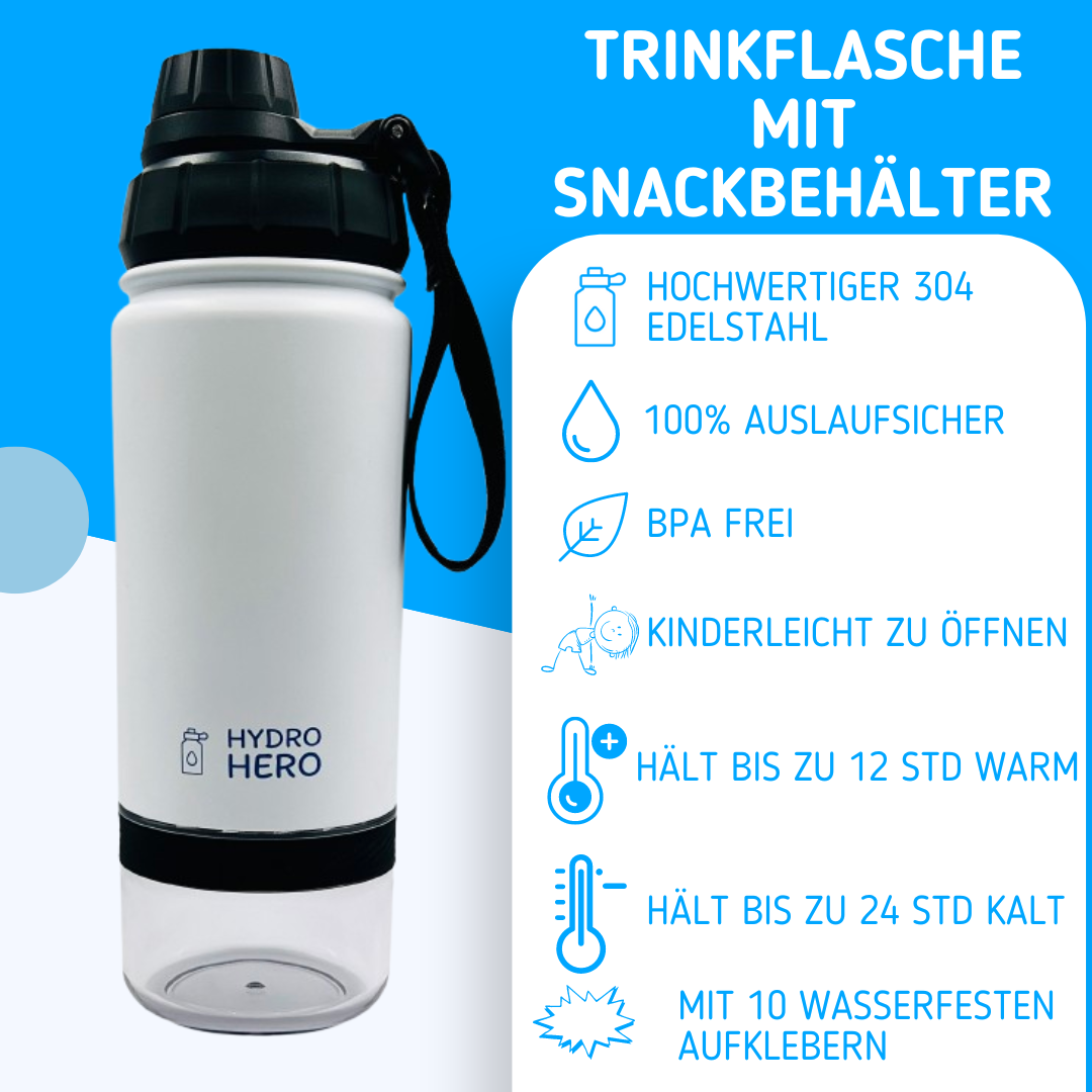 Hydro Hero - Edelstahl Kindertrinkflasche mit Snackbehälter