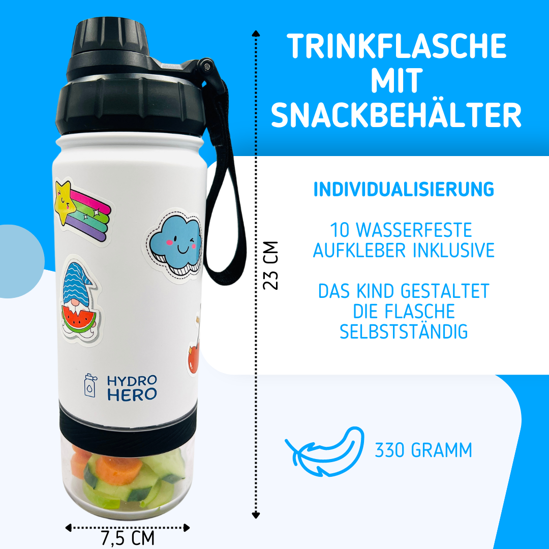Hydro Hero - Edelstahl Kindertrinkflasche mit Snackbehälter