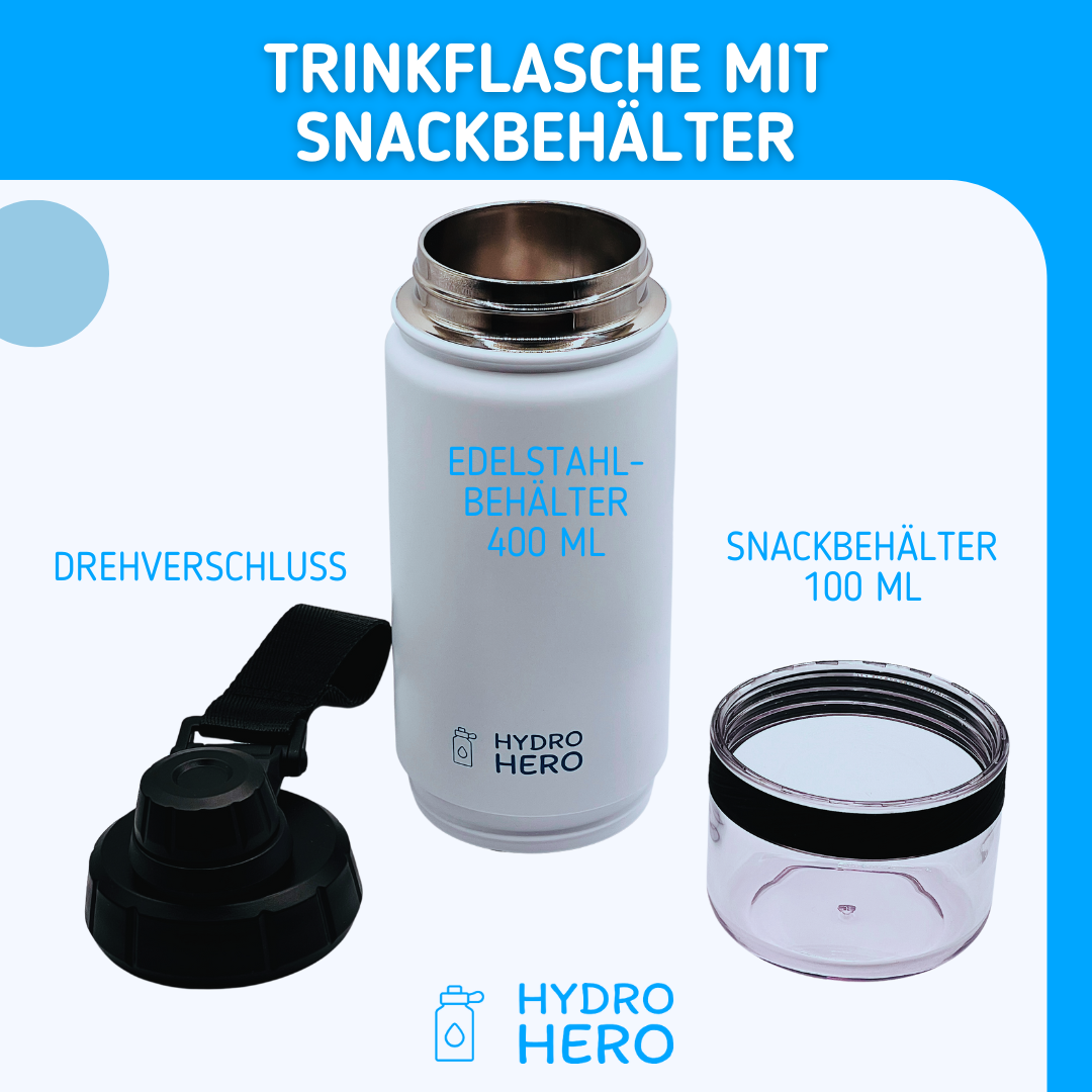 Hydro Hero - Edelstahl Kindertrinkflasche mit Snackbehälter