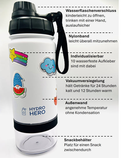 Hydro Hero - Edelstahl Trinkflasche mit Snackbehälter für Kinder